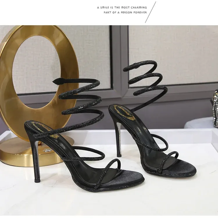 Rhinestone Ankle-strap Winding Heels