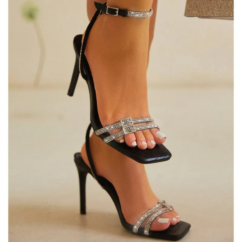 Rhinestone Thin Belt Square Heels