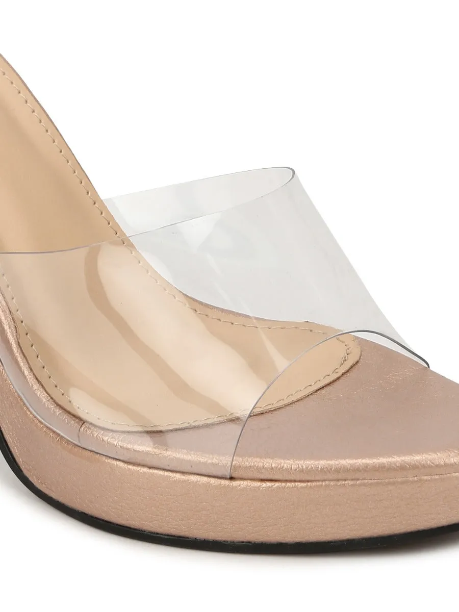 RoseGold Perspex PU Block Heel Mules