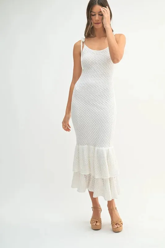 White Sleeveless Rose Knit Midi Dress with Ruffle Hem
