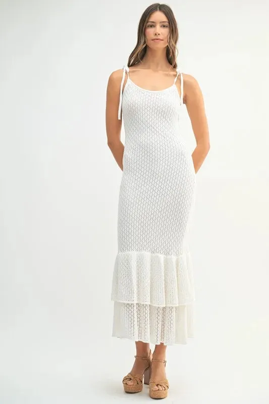 White Sleeveless Rose Knit Midi Dress with Ruffle Hem