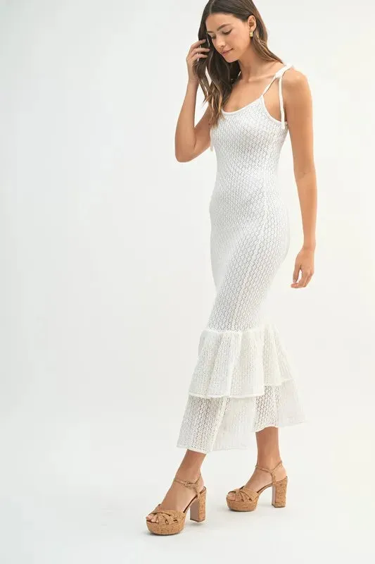 White Sleeveless Rose Knit Midi Dress with Ruffle Hem
