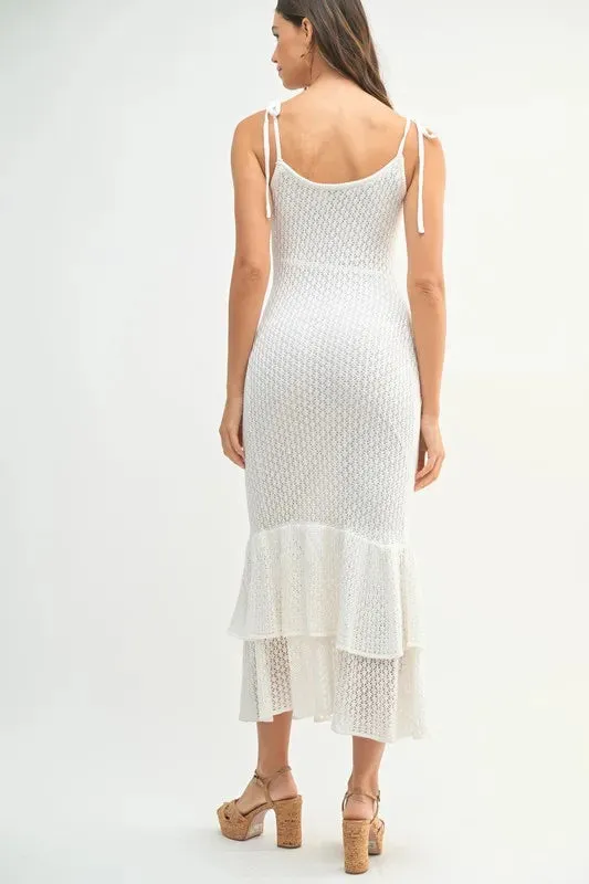 White Sleeveless Rose Knit Midi Dress with Ruffle Hem