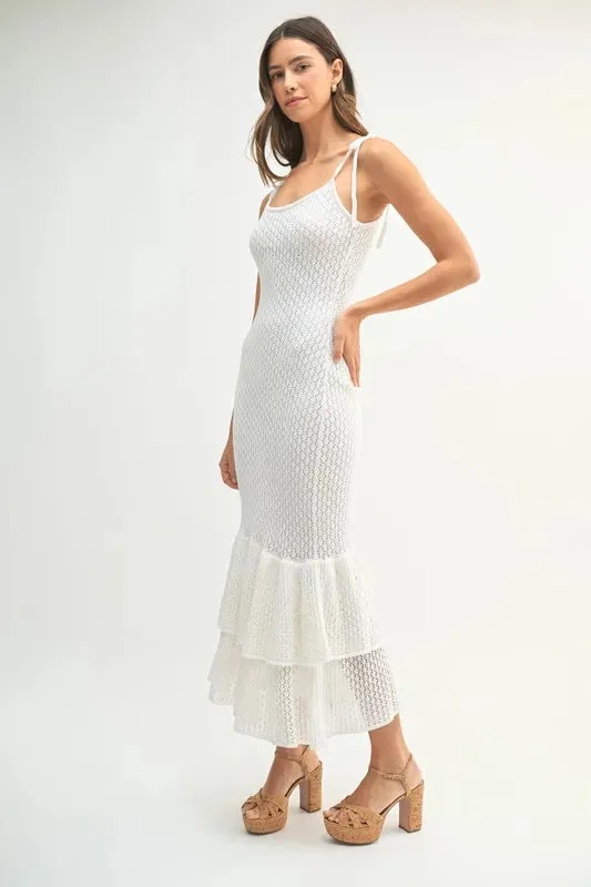 White Sleeveless Rose Knit Midi Dress with Ruffle Hem