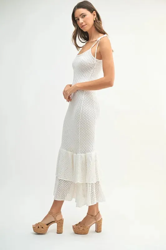 White Sleeveless Rose Knit Midi Dress with Ruffle Hem