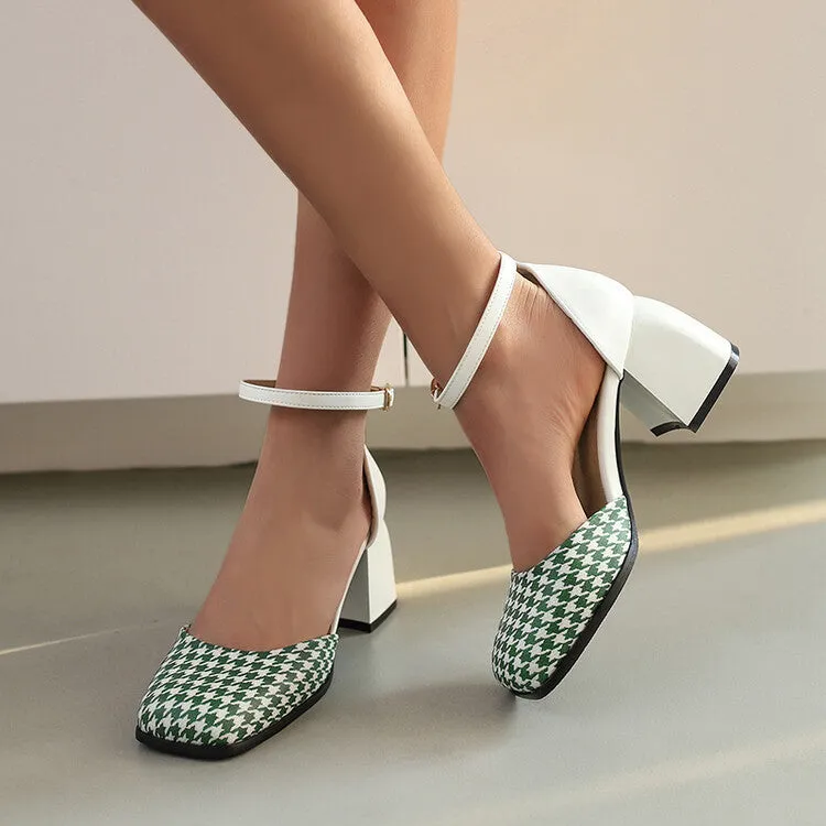 Women's Bicolor Square Toe Ankle Strap Block Heel Sandals
